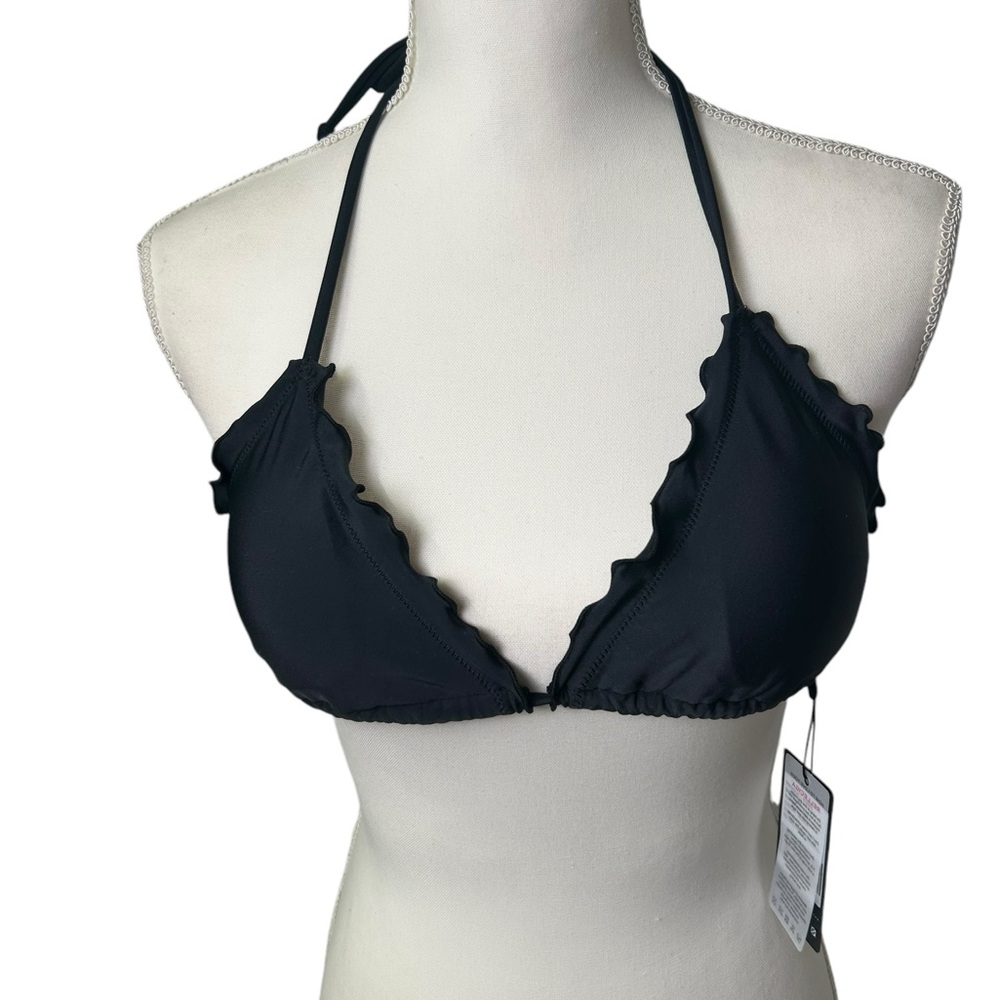 RELLECIGA women’s black triangle scalloped hem string bikini swim top size S NWT